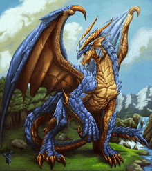 a painting of a blue and gold dragon with a waterfall in the background and a few trees in the background