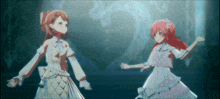 two anime girls are standing next to each other in a dark room