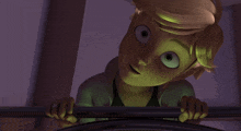a close up of a cartoon character with green eyes