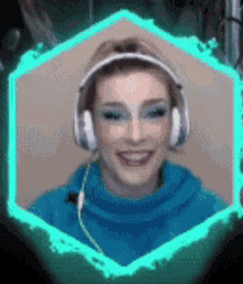 a pixel art of a woman wearing headphones and smiling .