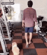 a man is walking barefoot in a gym with his dog .