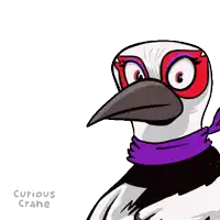 a cartoon of a bird with purple eyes and a scarf around its neck