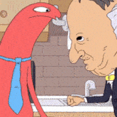 a cartoon of a man and a red monster standing next to a sink