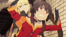 a girl with red eyes and a red shirt has a x on her chest