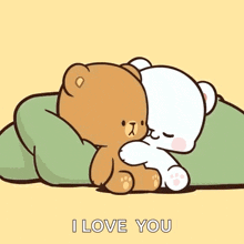 a cartoon of two teddy bears hugging each other with the words " i love you " below them