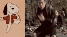 a cartoon of snoopy is next to a blurry picture of a man