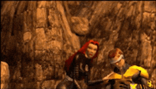 a man and a woman are standing next to each other in a video game scene