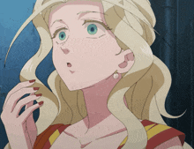 a woman with blonde hair and green eyes is looking up