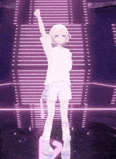 a girl in a white shirt and shorts is standing in front of a purple background
