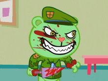 a cartoon character with blood on his face is holding a knife and smiling