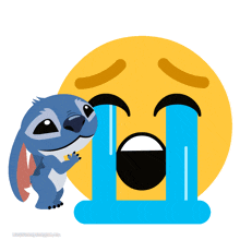 a cartoon of stitch standing next to a crying face