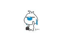 a blue and white cartoon character is crying while holding a purse .
