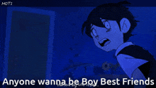 two cartoon characters standing next to each other with the words " anyone wanna be boy best friends "