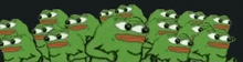 a group of green frogs with big eyes are standing next to each other .