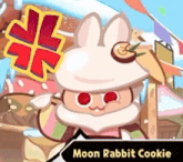 a moon rabbit cookie is standing in front of a bunch of candy .