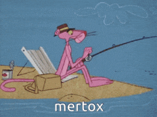 a pink panther is fishing and the word mertox is on the bottom right
