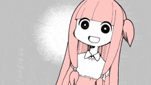 a black and white drawing of a girl with pink hair and big eyes