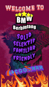 a purple background with the words welcome to bmw berbintang solid selektiv familiar friendly