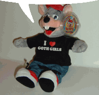 chuck e cheese stuffed animal wearing a shirt that says i heart goth girls
