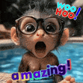 a baby monkey wearing glasses is sitting in a pool with its mouth wide open .