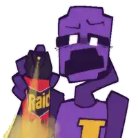 a purple robot holding a bottle of raid