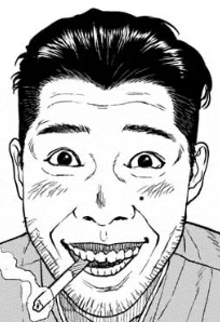 a black and white drawing of a man with a cigarette in his mouth making a funny face .