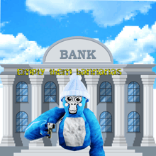 a blue gorilla holding a gun in front of a bank that says " empty them bananas "