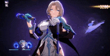 a girl in a video game is holding a sword and looking at the camera