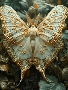 a white and gold butterfly is sitting on a leafy surface