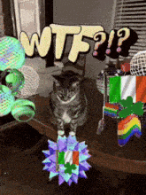 a cat sitting on a table next to a sign that says wtf ?