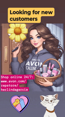 a woman in a hoodie that says avon calling holds a basket of makeup