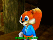 a cartoon squirrel is standing in front of a tree and says press start on the bottom