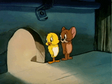 a cartoon of jerry and tweety looking at a chick