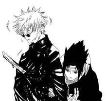 a black and white drawing of a man holding a knife next to another man