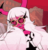a cartoon character with horns and heart shaped sunglasses on