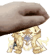 a close up of a person 's hand holding a cartoon character on a white background .