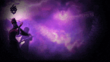 a purple background with a person holding a sword in the foreground