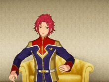 a cartoon character with red hair is standing next to a yellow couch