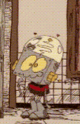 a cartoon character is standing in front of a window and looking out .