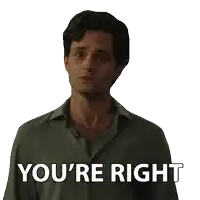 a man in a green shirt with the words " you 're right " written below him