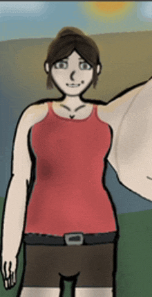 a woman in a red tank top and shorts is standing in a field