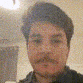 a man with a mustache is taking a selfie with a blurry background .