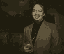 a man in a suit says oh no thank you in a black and white photo