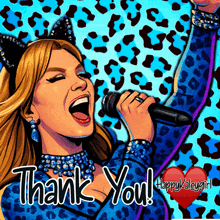a woman singing into a microphone with the words thank you written below