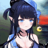a close up of a girl with blue eyes and a n on her head