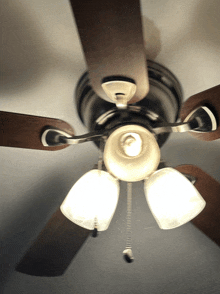 a close up of a ceiling fan with three lights