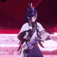 a person with purple hair and a white shirt is standing in a dark room