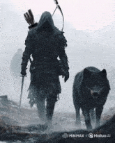 a man with a hood and a sword walking next to a wolf