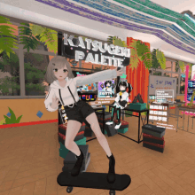 a girl is standing on a skateboard in front of a sign that says katsugeki palette