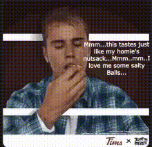 a man in a plaid shirt is eating a tim hortons nutsack